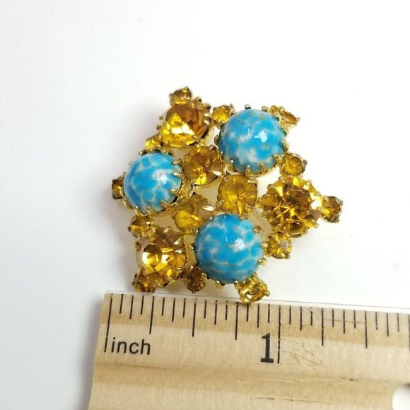 Vintage Blue and Yellow / Orange Rhinestone Cluster Brooch, Prong Set, Estate - Picture 4 of 6